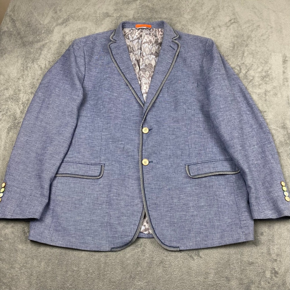 Tallia Men 46R Sport Coat Blazer Blue Linen Blend Piping Trim Jacket